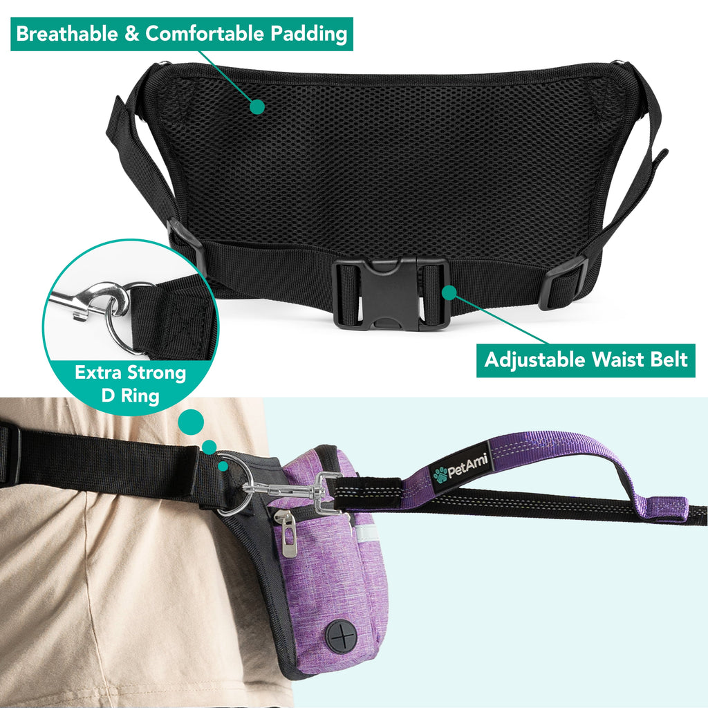 PetAmi Premium Hands Free Dog Leash for 2 Dogs, Adjustable Waist Belt Leash for Dog Walking, Fanny Pack Accessories Bag Dual Bungee Leash for Running, Hiking, Jogging, Biking, Charcoal Grey