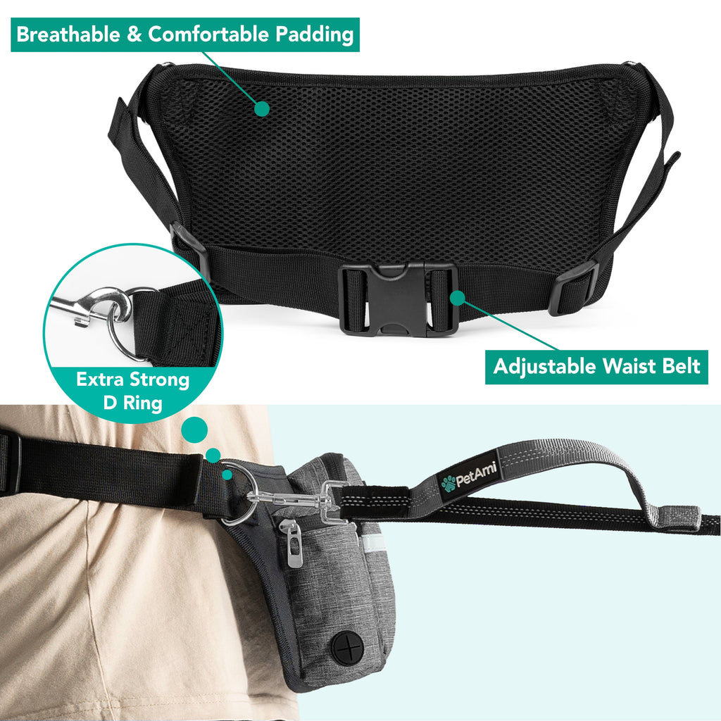 PetAmi Premium Hands Free Dog Leash for 2 Dogs, Adjustable Waist Belt Leash for Dog Walking, Fanny Pack Accessories Bag Dual Bungee Leash for Running, Hiking, Jogging, Biking, Charcoal Grey
