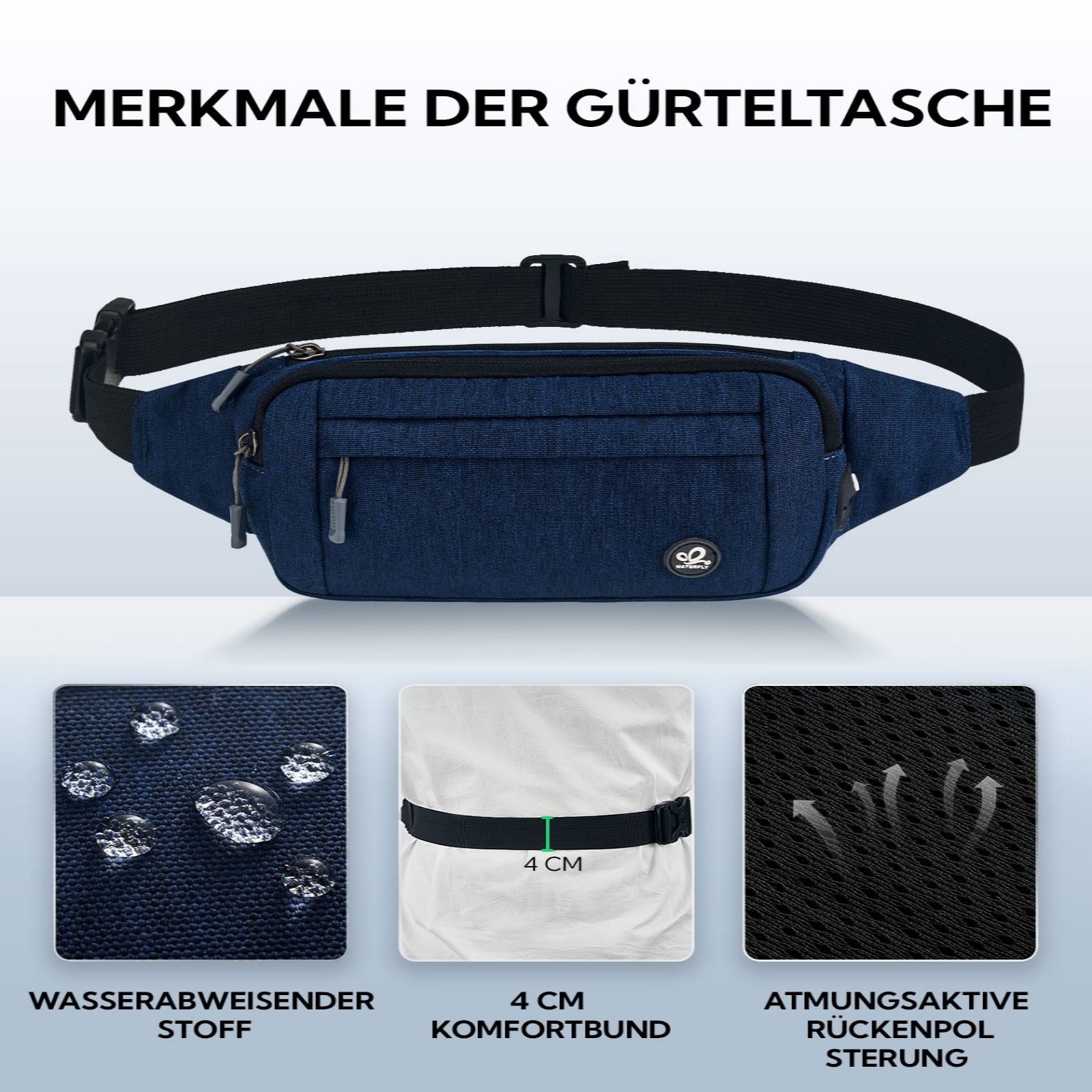 WATERFLY Unisex Lightweight Running Hiking Jogging Nylon Fanny Pack Waist Bag-Dark Blue