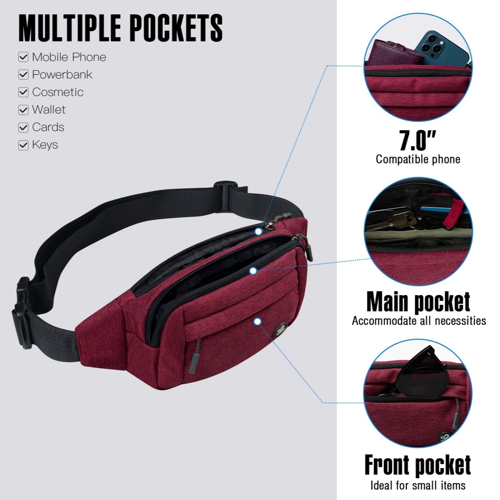 WATERFLY Unisex Lightweight Running Hiking Jogging Nylon Fanny Pack Waist Bag-Dark Blue