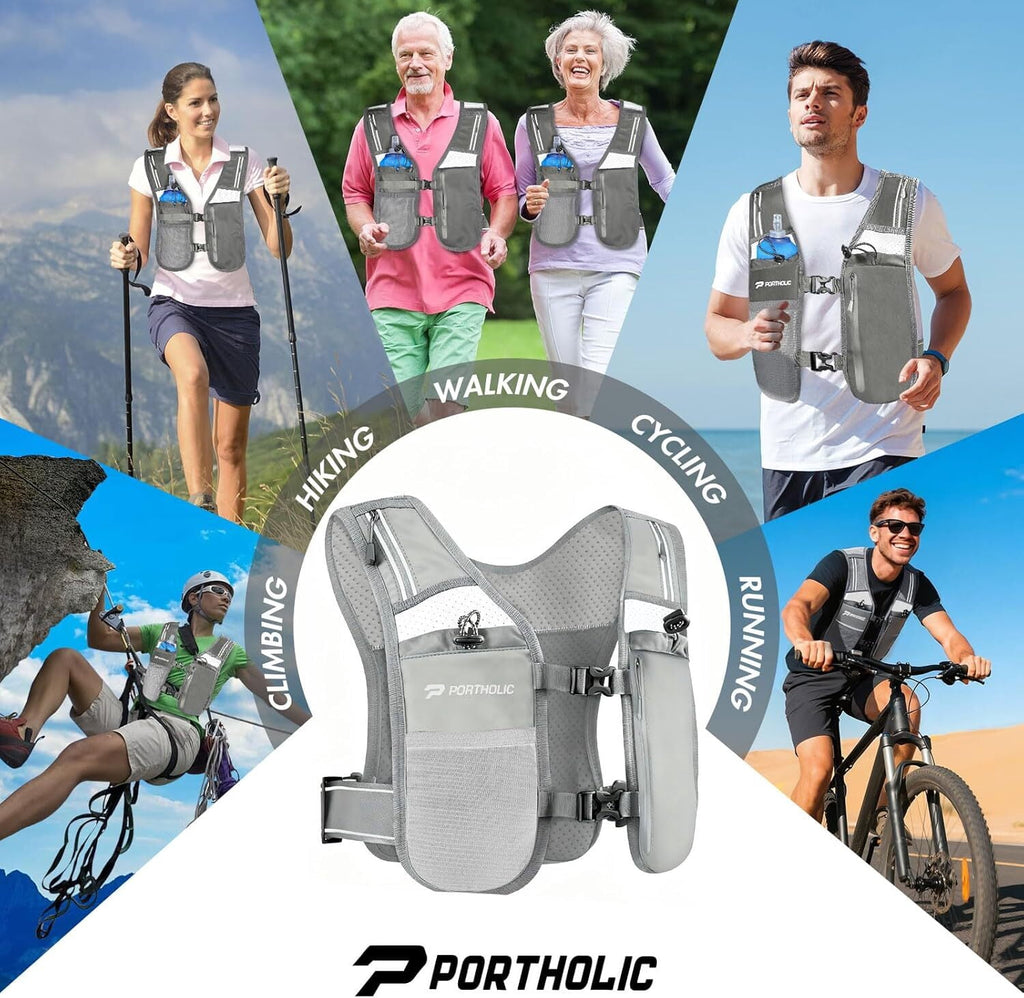 PORTHOLIC Running Vest for Women Men with 500ml/17oz Water Bottle |Adjustable Hydration Vest|Reflective |Lightweight |6 Pockets |Breathablefor Running Accessories for Hiking Running (Black,Large)
